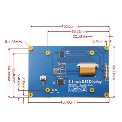 Дисплей 4.3" DSI, MIPI Interface, IPS 800&times;480, сенсорный емкостной, для одноплатных ПК Raspberry Pi 3/4