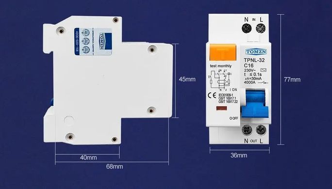 Автомат дифференциальный TOMZN УЗО 20A 230V АС 1P+N (RCBO), 30mA, защита от утечки тока и КЗ