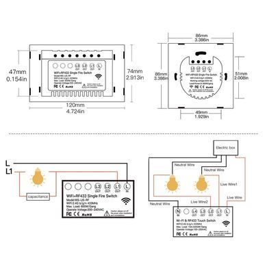 Выключатель умный Moes настенный, 2 канала, WiFi+RF433 Tuya Smart Life, сенсорный, черный