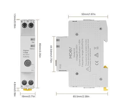Автомат розумний 63A MOES Zigbee, регульований, на DIN рейку, лічильник, керування Tuya SmartLife
