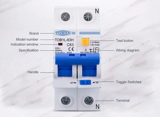 Автомат дифференциальный TOMZN УЗО 32A 230V АС 2P (RCBO), 30mA, защита от утечки тока и КЗ