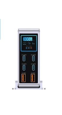 Зарядний пристрій Ubigbuy GaN 300W, 6 портів, 4xUSB-C + 2xUSB-A, PD 100W, PPS, дисплей, EU Plug