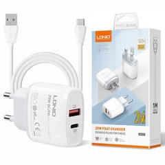 Зарядний пристрій LDNIO A2424C, 220 В (2 USB виходи 5В 3А), білий, з USB кабелем мікро юсб