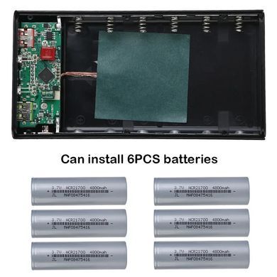 Корпус-павербанк під акумулятори 21700&times;6, QC+PD22.5W, USB-A/Micro/Type-C, з безпровідною зарядкою, для самостійного складання