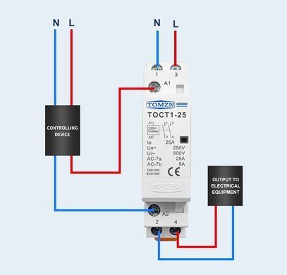 Контактор модульный TOMZN TOCT1-25 25A 220V AC 2P 1NO+1NC, DIN-рейка, бытовой