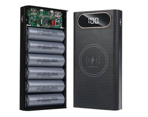Корпус-павербанк під акумулятори 21700&times;6, QC+PD22.5W, USB-A/Micro/Type-C, з безпровідною зарядкою, для самостійного складання