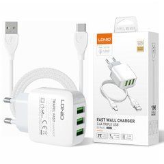 Зарядний пристрій LDNIO A3312, 220 В (3 USB виходи 5В 3.4А), білий, з USB кабелем мікро юсб