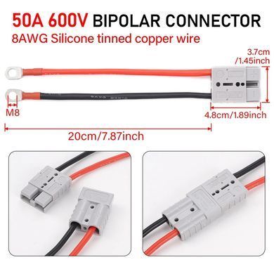 Конектор Anderson 50A 600V з кабелем 8AWG 20 см, наконечники M8 для LiFePO4, інверторів