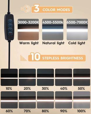 Настольная LED лампа 10W на струбцине 326mm, USB-питание 5V, регулируемое плечо, 3 уровня яркости