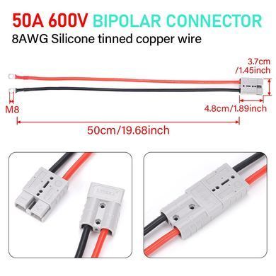 Конектор Anderson 50A 600V з кабелем 8AWG 50 см, наконечники M8 для LiFePO4, інверторів