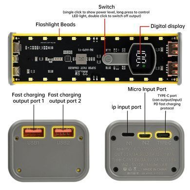 Корпус-павербанк під акумулятори 21700&times;4, QC+PD22.5W, Micro/Lighting/Type-C індикатор, для складання