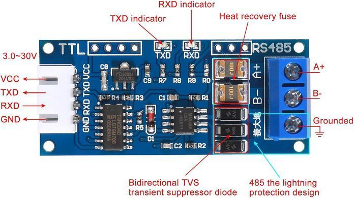 Модуль перетворення TTL у RS-485 з автокеруванням, конвертер UART&ndash;RS485 , Wide Voltage 3.3&ndash;30V