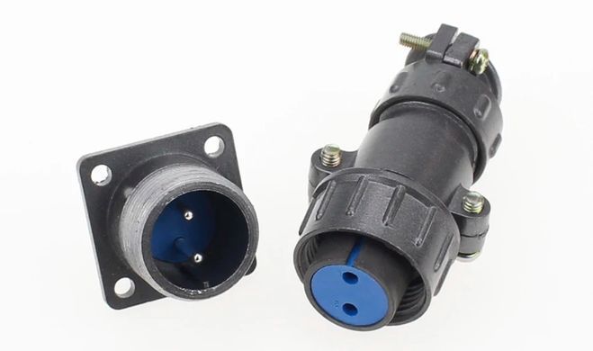 З'єднувач силовий P20 2pin 25A, комплект male+female, квадратний фланець під монтаж