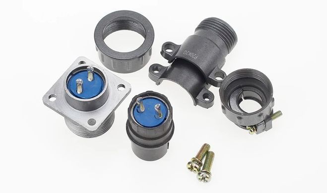 З'єднувач силовий P20 2pin 25A, комплект male+female, квадратний фланець під монтаж