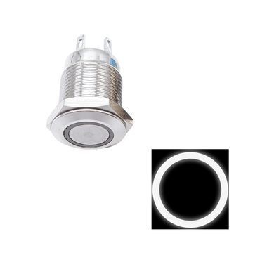 Кнопка питания DC 12-24V 4A 12mm, подсветка White Ring, импульсная, IP65, под монтаж
