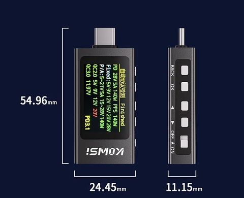 Тестер USB Type-C Keweisi KWS-X1, мультиметр, амперметр, вольтметр, 4&ndash;30V, 12A, PD 280W, для измерений
