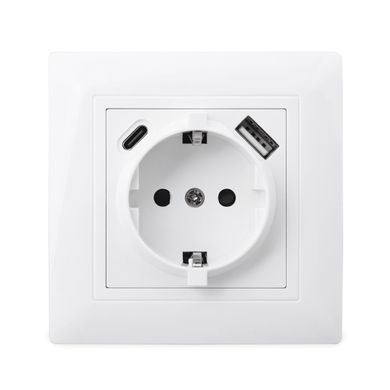 Настенная розетка внутренняя Wallpad EU, Typ-C и USB-A, 220V, в подрозетник с заземлением, белая, для дома