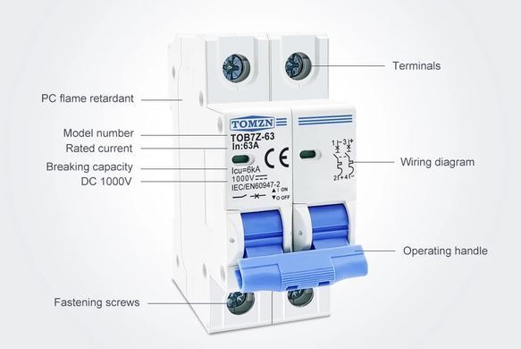 Автоматичний вимикач DC TOMZN 20A, 1000V, 2-полюсний, MCB для сонячних панелей, гібридних інверторів