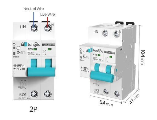 Автомат умный Tongou WiFi TOQCB2-80 2P 1&ndash;63A, на DIN-рейка, управление, Tuya, Smart Life