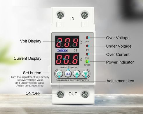 Реле защиты от перенапряжения и перегрузки TOMZN, 230V, 100A, на DIN-рейку