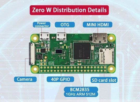 Одноплатний ПК Raspberry Pi Zero W, 512MB, BCM2835, CSI, MiniHDMI Wi-Fi BT, для DIY-проєктів та IoT