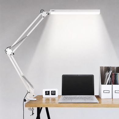 Настільна LED лампа 10W на струбцині 326mm, USB-живлення 5V, регульована, 3 рівні яскравості, біла