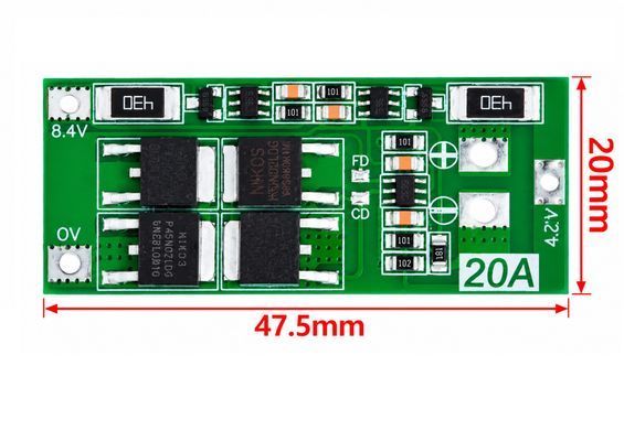 Контролер BMS 20A 2S для акумулятора Li-Ion, плата захисту АКБ з балансуванням