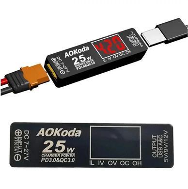 Перетворювач живлення AOKoda XT60 &rarr; USB-A/C PD3.0 QC3.0, 25Вт, 7&ndash;27В, зарядка телефонів від FPV АКБ